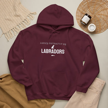 Funny Labrador hoodie front view, Easily Distracted by Labradors slogan
