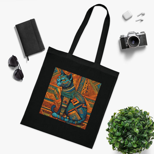 Egyptian cat design cotton tote in white — both sides print visible