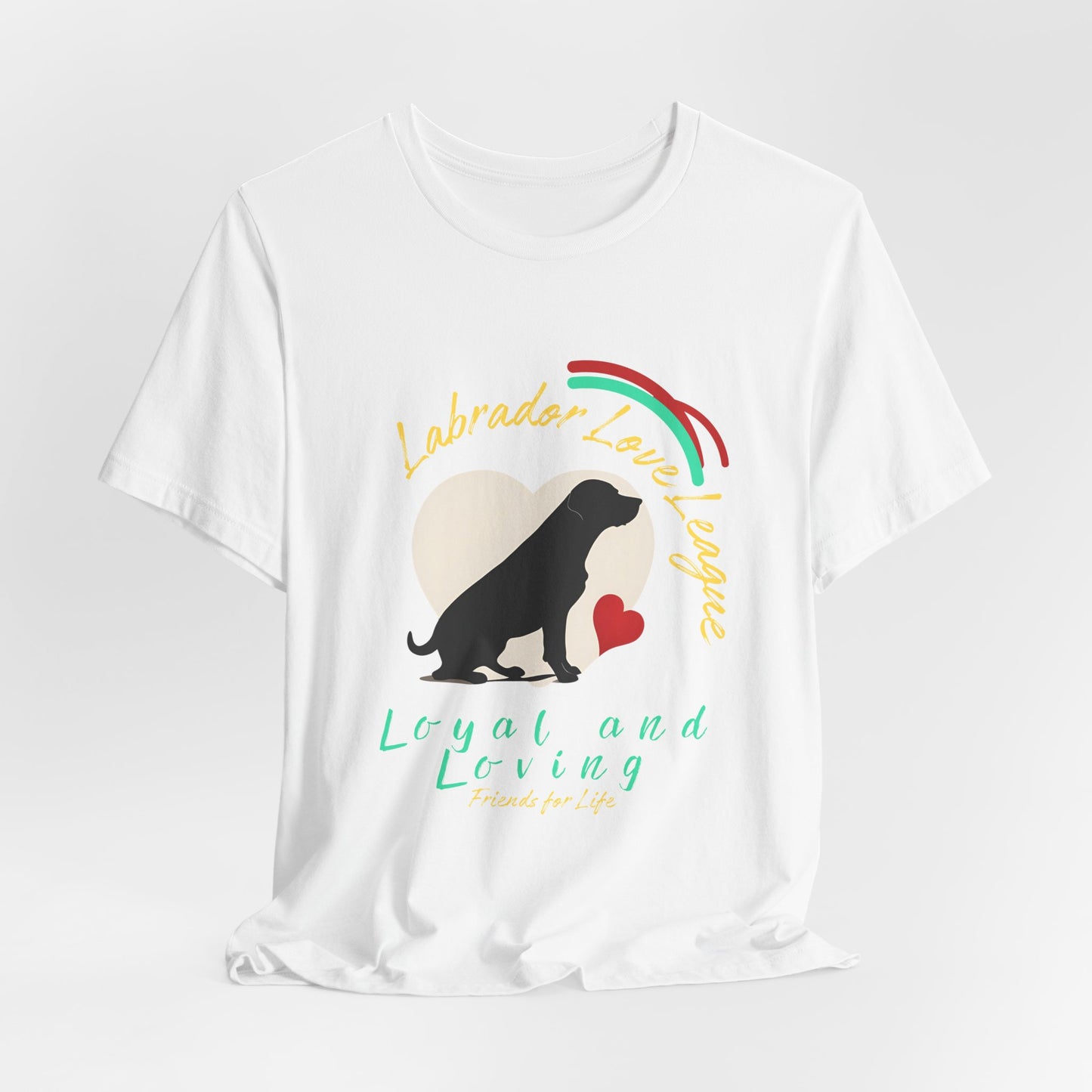 White Labrador Love League graphic tee draped flat showing Lab and rainbow print