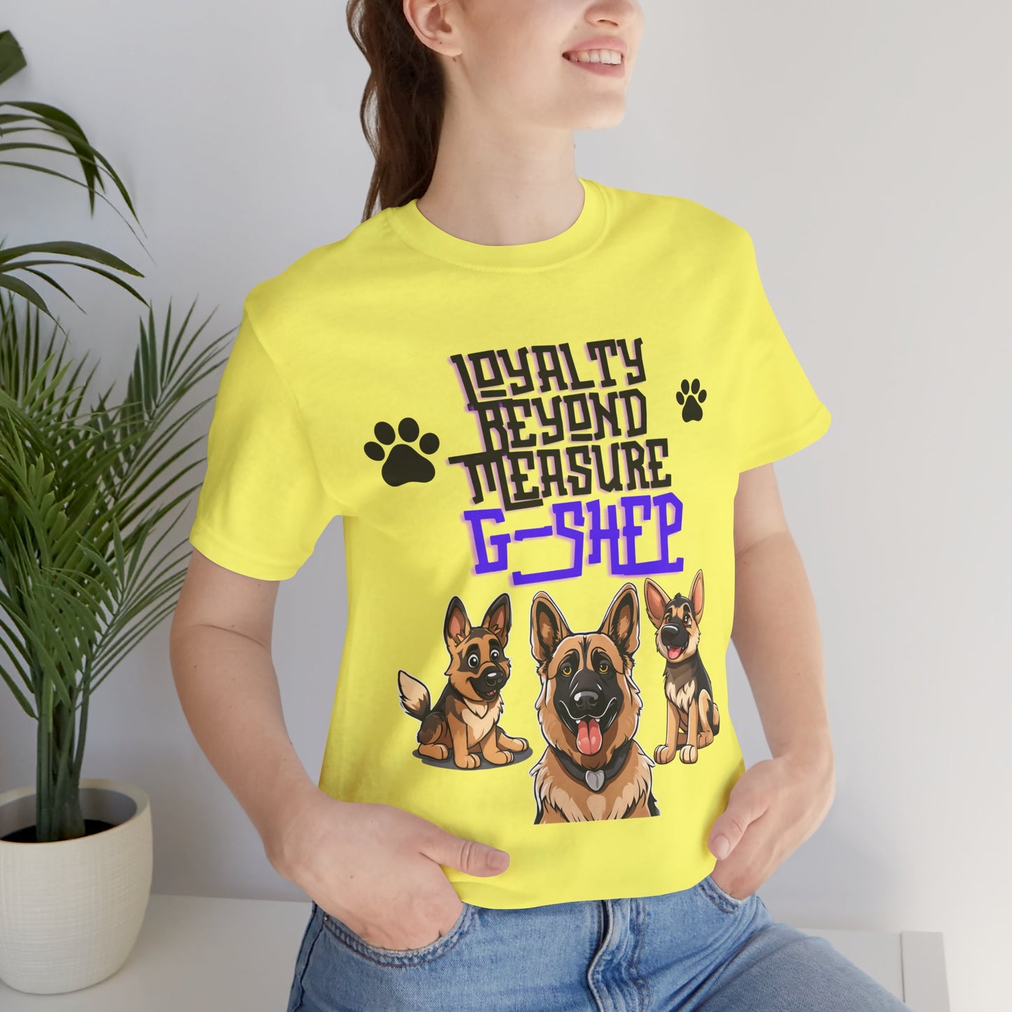 Loyalty Beyond Measure German Shepherd t-shirt in Yellow worn by a model, front view