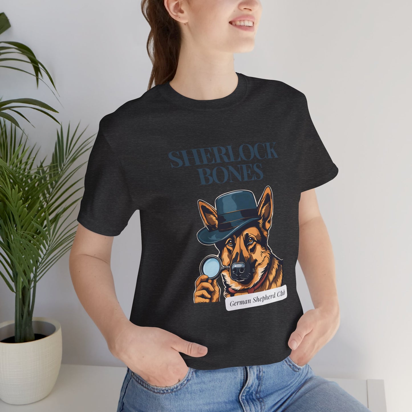 Sherlock Bones Detective Dog T-Shirt — Dark Grey Heather — detective dog gift — SniffWaggleNWalk™