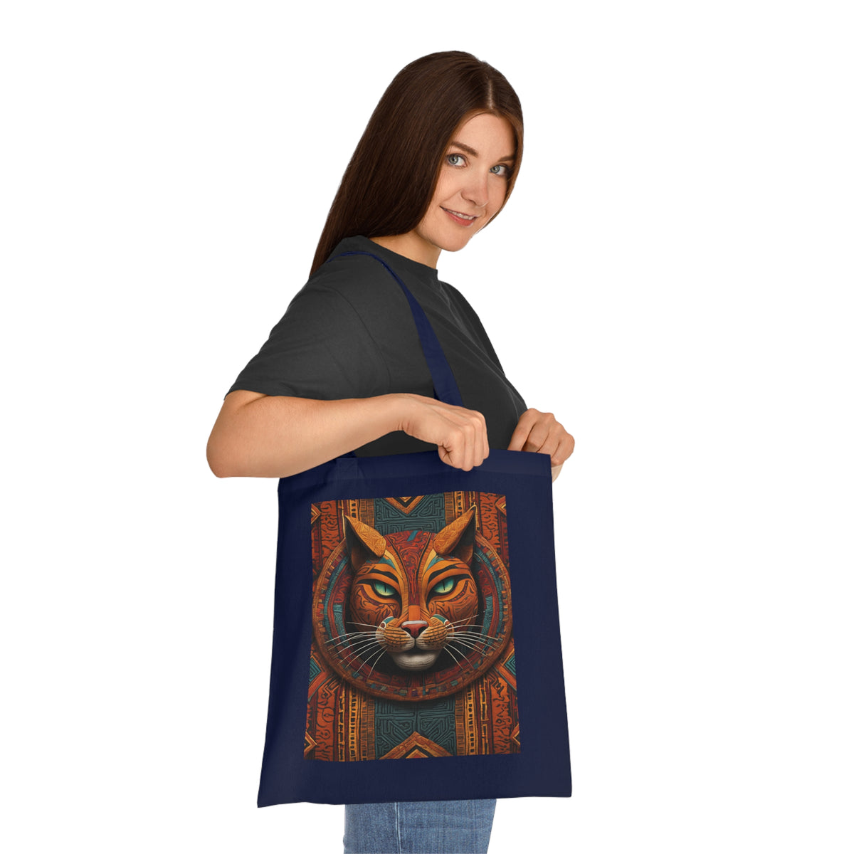 Egyptian cat tote in orange on white background — ancient Egyptian cat art on cotton, gift for cat lover