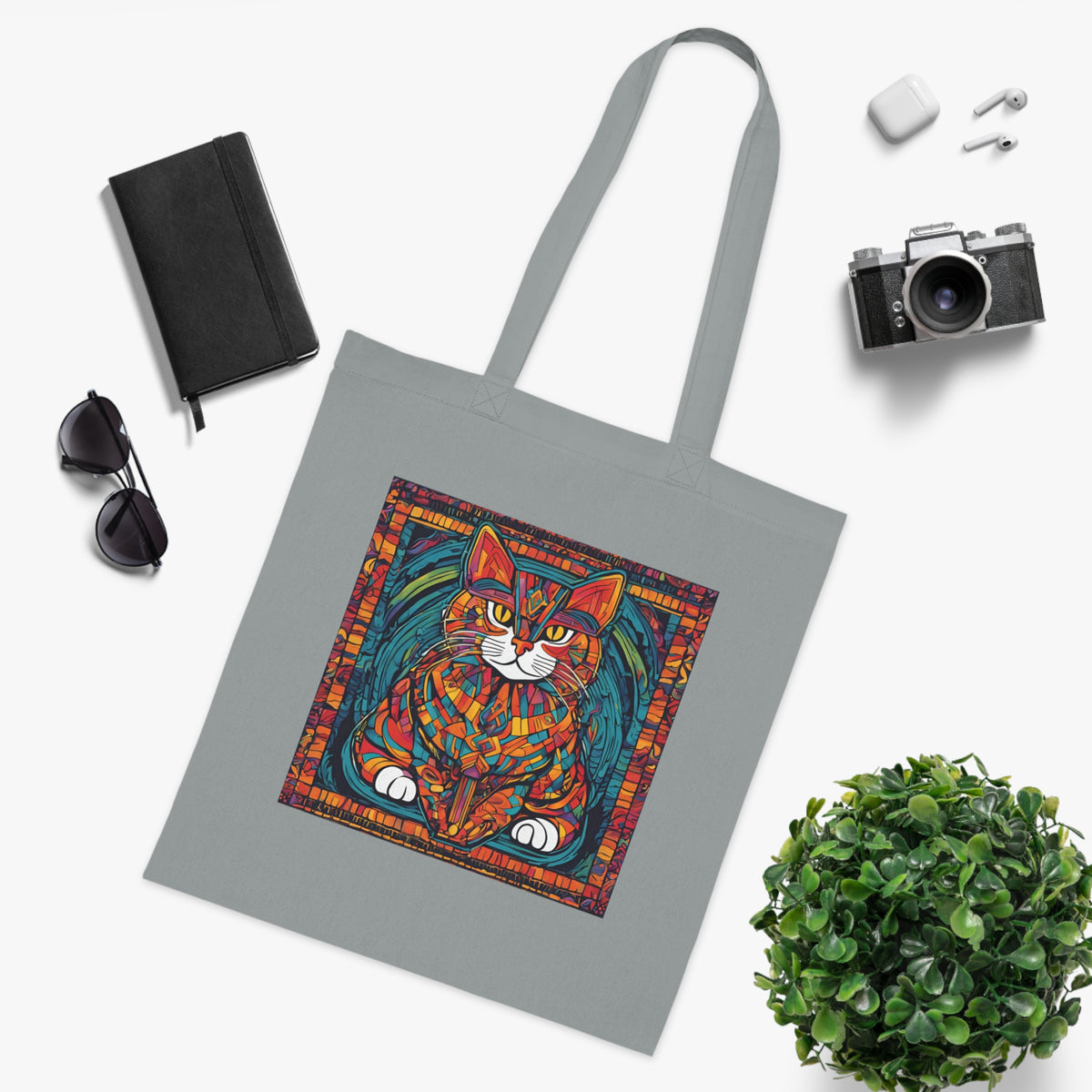 Detail shot of stained glass cat tote handle stitching — reinforced handles on 100% cotton bag