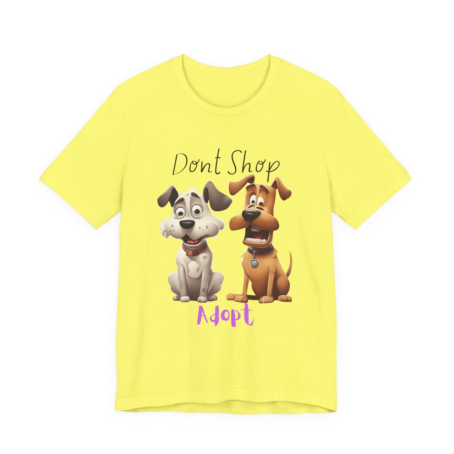 Don't Shop Adopt rescue dog t-shirt — eco-friendly organic cotton tee with cartoon rescue dogs, Sniff Waggle And Walk