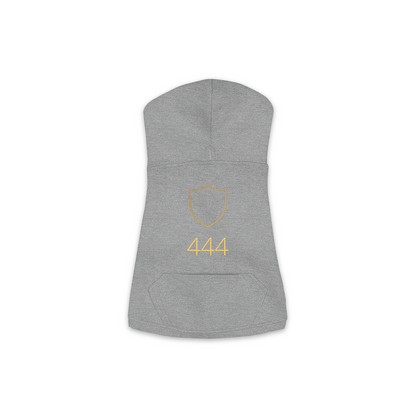 444 Angel Number dog hoodie in Granite Heather — gold shield emblem and '444' print on Doggie Skins fleece pullover