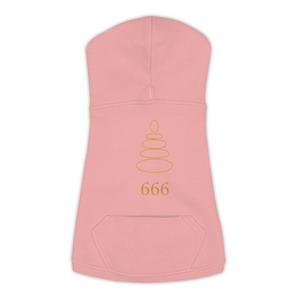 666 Angel Number dog hoodie in Mauvelous — gold zen-cairn emblem and '666' print on Doggie Skins fleece pullover
