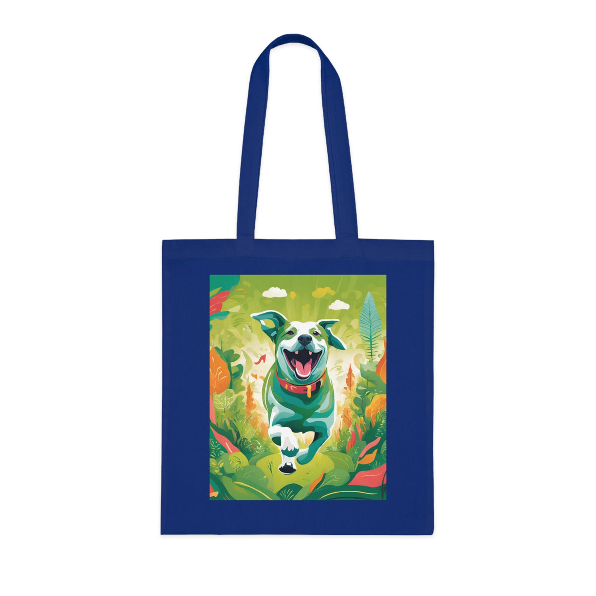 Dog art cotton tote in lavender showing painted running dog print — side angle view