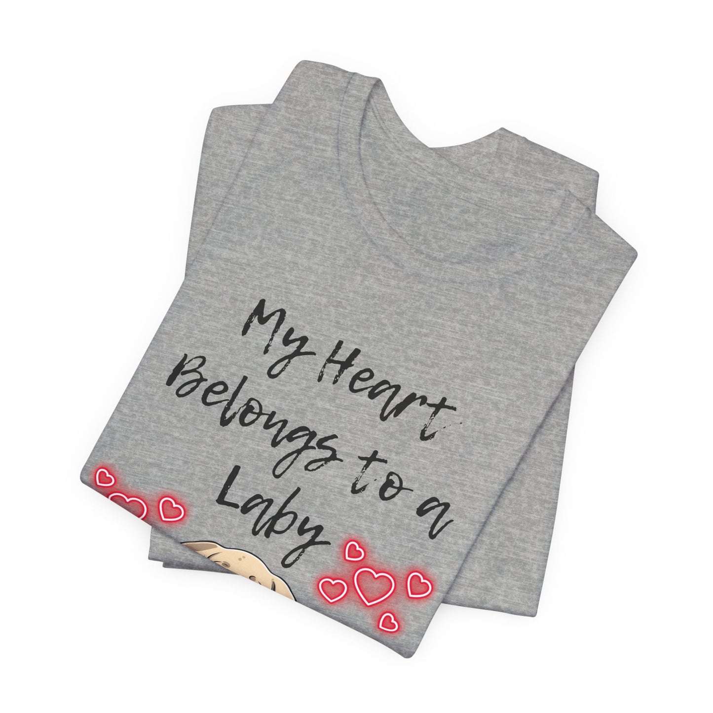 My Heart Belongs to a Laby Labrador t-shirt in Athletic Heather, folded view showing Lab puppy and hearts print