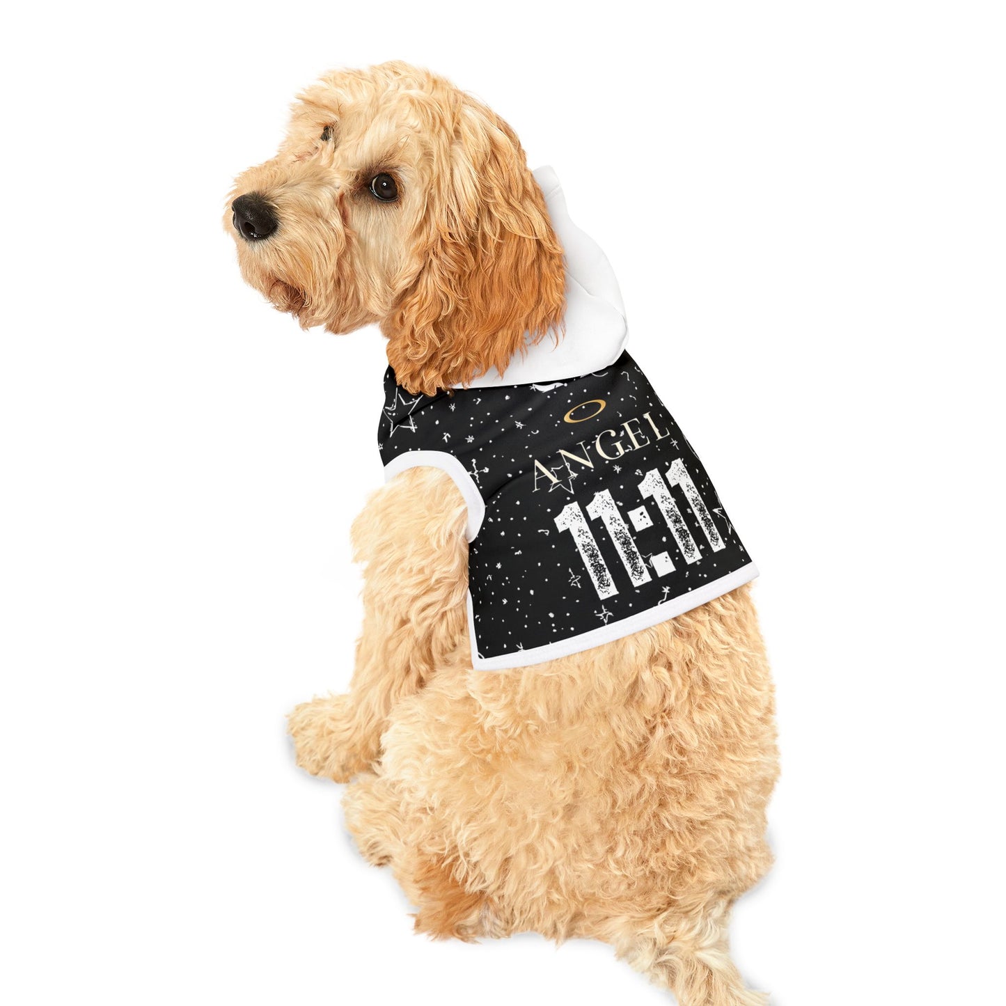 Pet Hoodie — Black 'Angel 11:11' Starry Hooded Dog Shirt