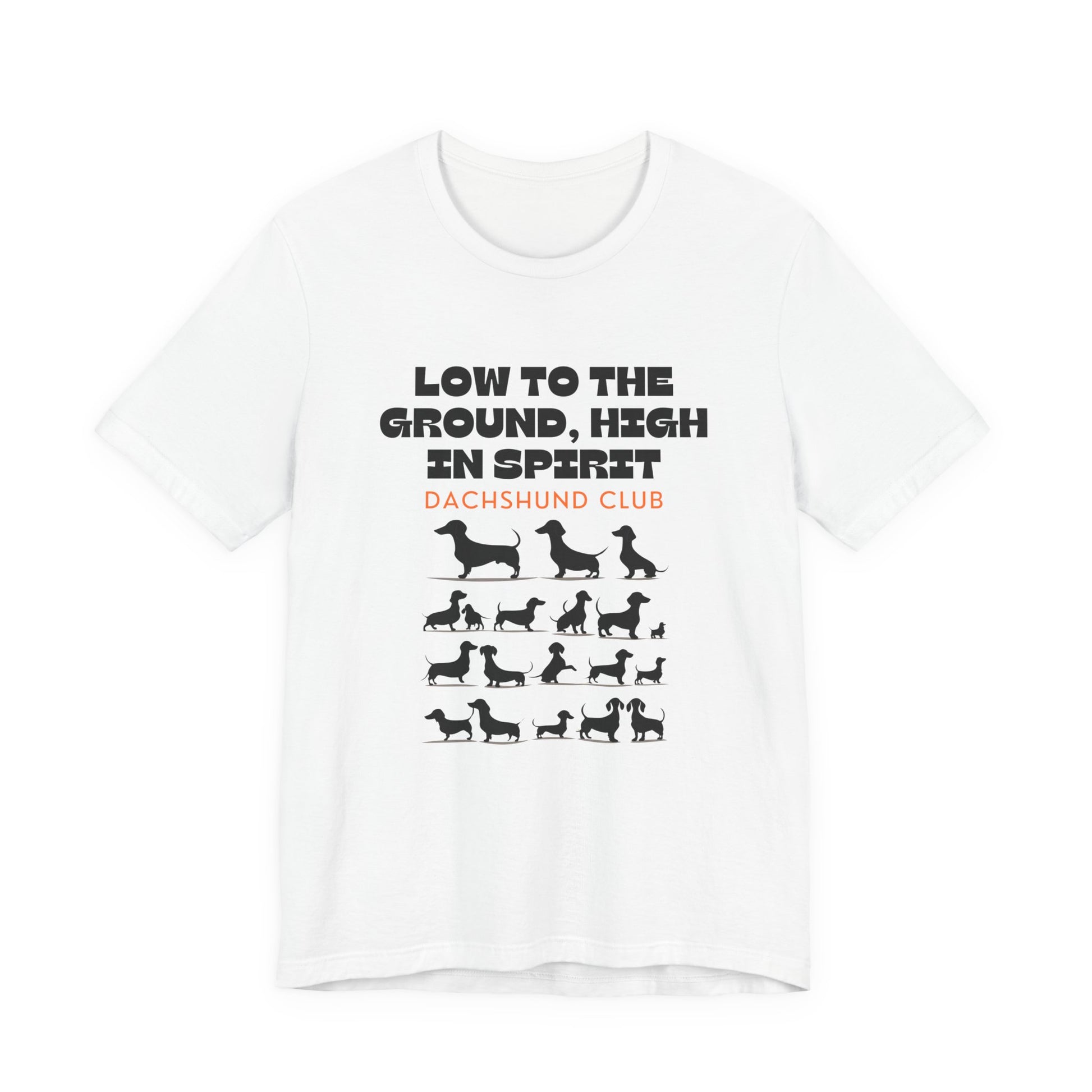 Dachshund Club t-shirt in White — sausage dog silhouettes graphic tee, front view