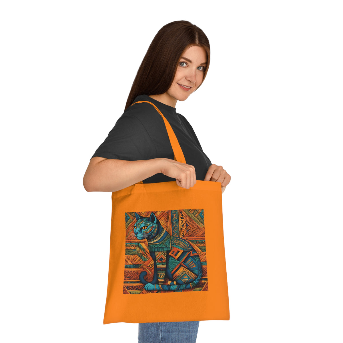 Egyptian cat tote in orange colourway — side angle showing flat corner construction