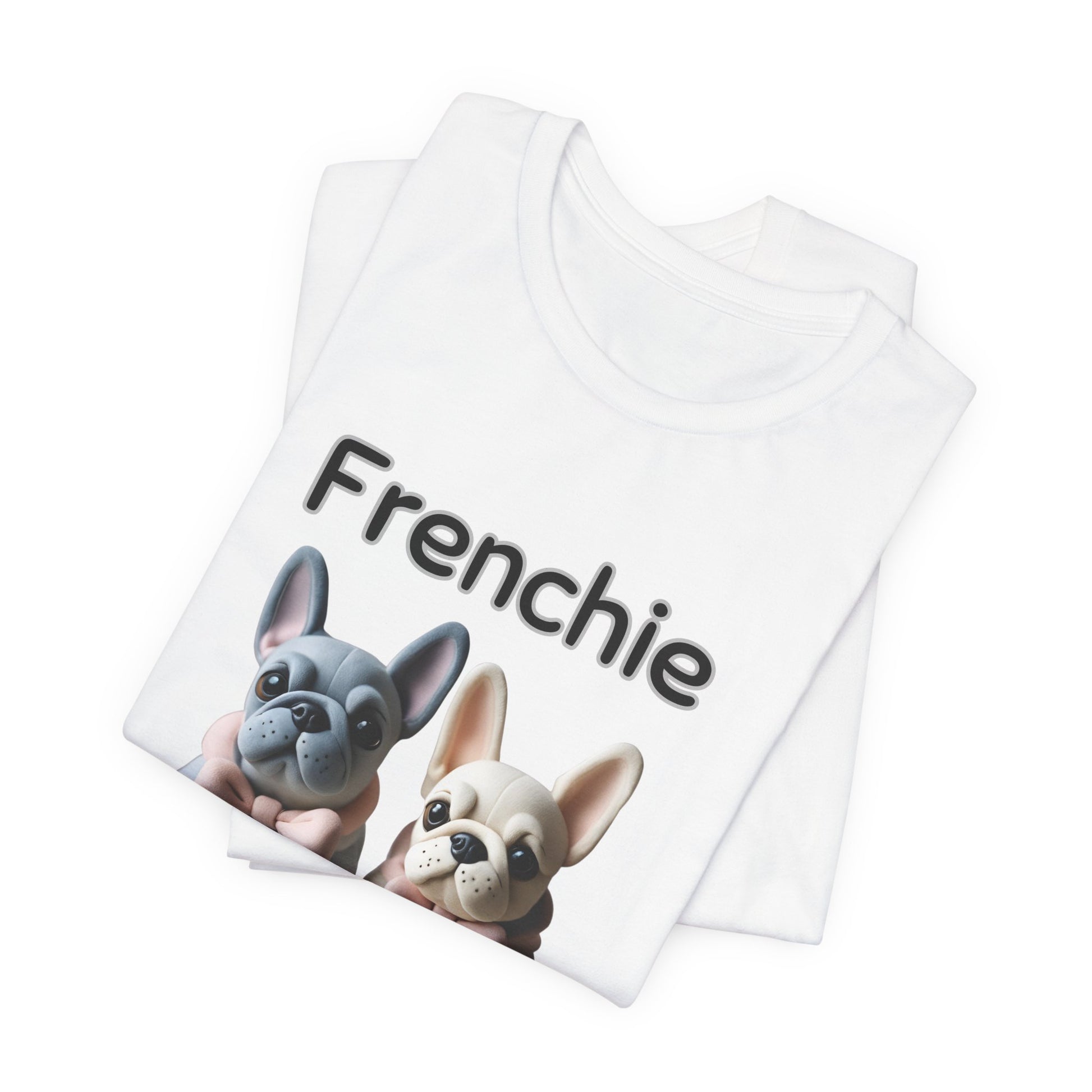 Folded White Frenchie Squad t-shirt with French Bulldog pups design