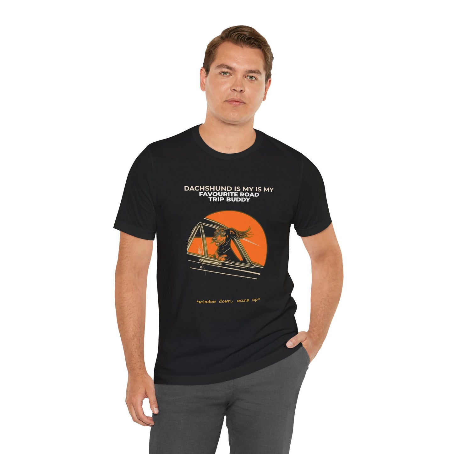 Dachshund Road Trip T-Shirt — “Dachshund Is My Favourite Road Trip Buddy” Vintage Sunset Tee