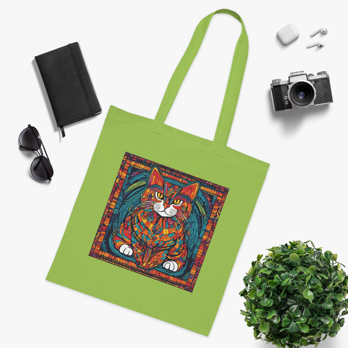Cat tote bag in grey shown open — spacious 42x38cm cotton interior, ideal for shopping or books