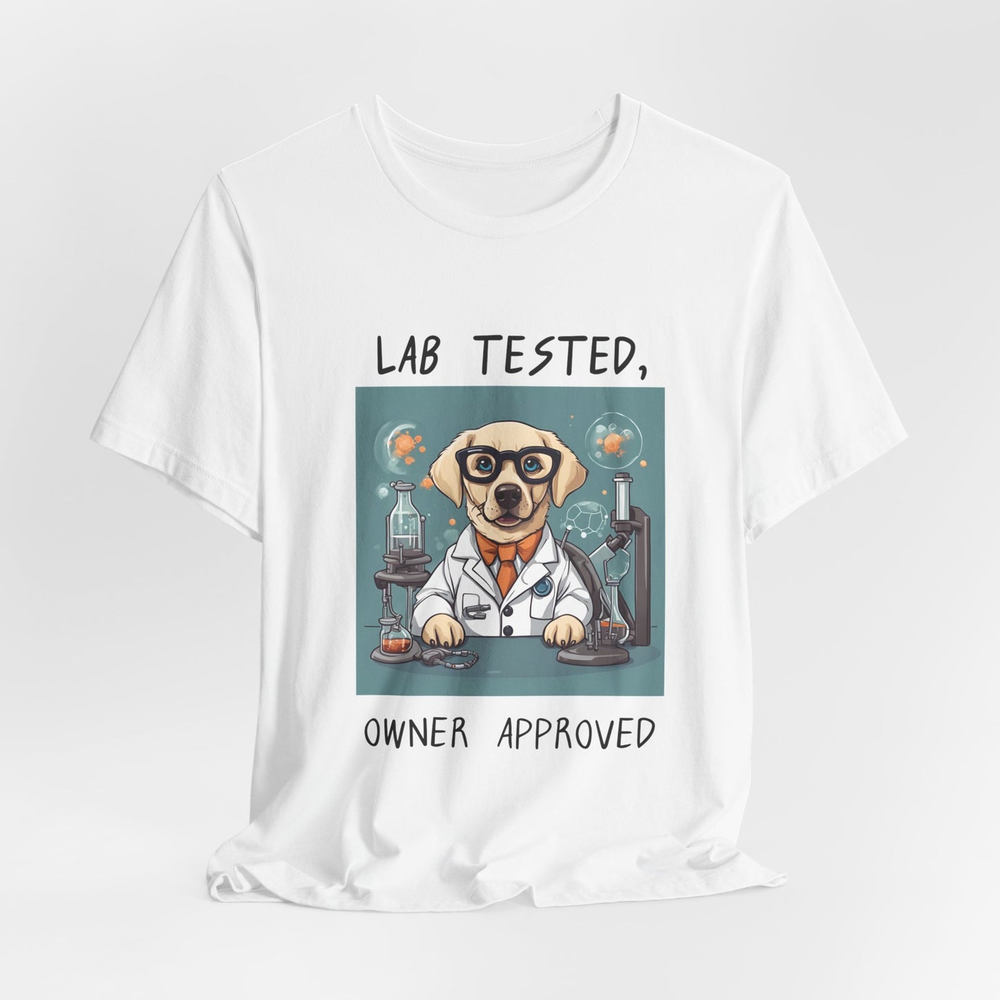 Lab Tested Owner Approved Labrador t-shirt in White, hanging front view