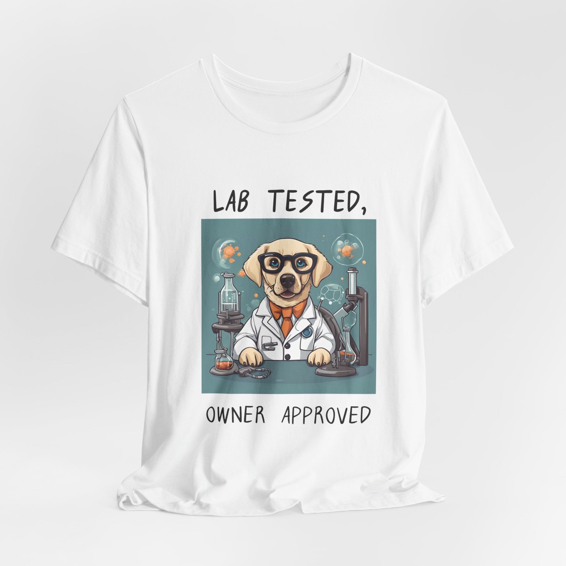 Lab Tested Owner Approved Labrador t-shirt in White, hanging front view