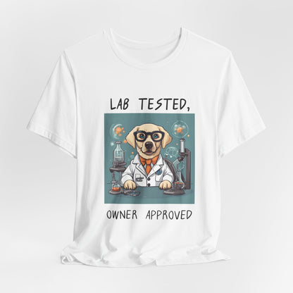 Lab Tested Owner Approved Labrador t-shirt in White, hanging front view