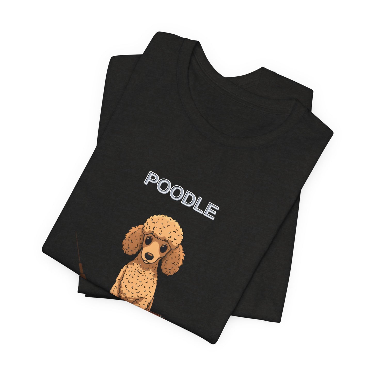 Poodle Fishing Buddy t-shirt worn by model, outdoor setting