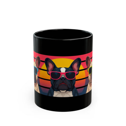 Frenchie in sunglasses retro sunset mug front view