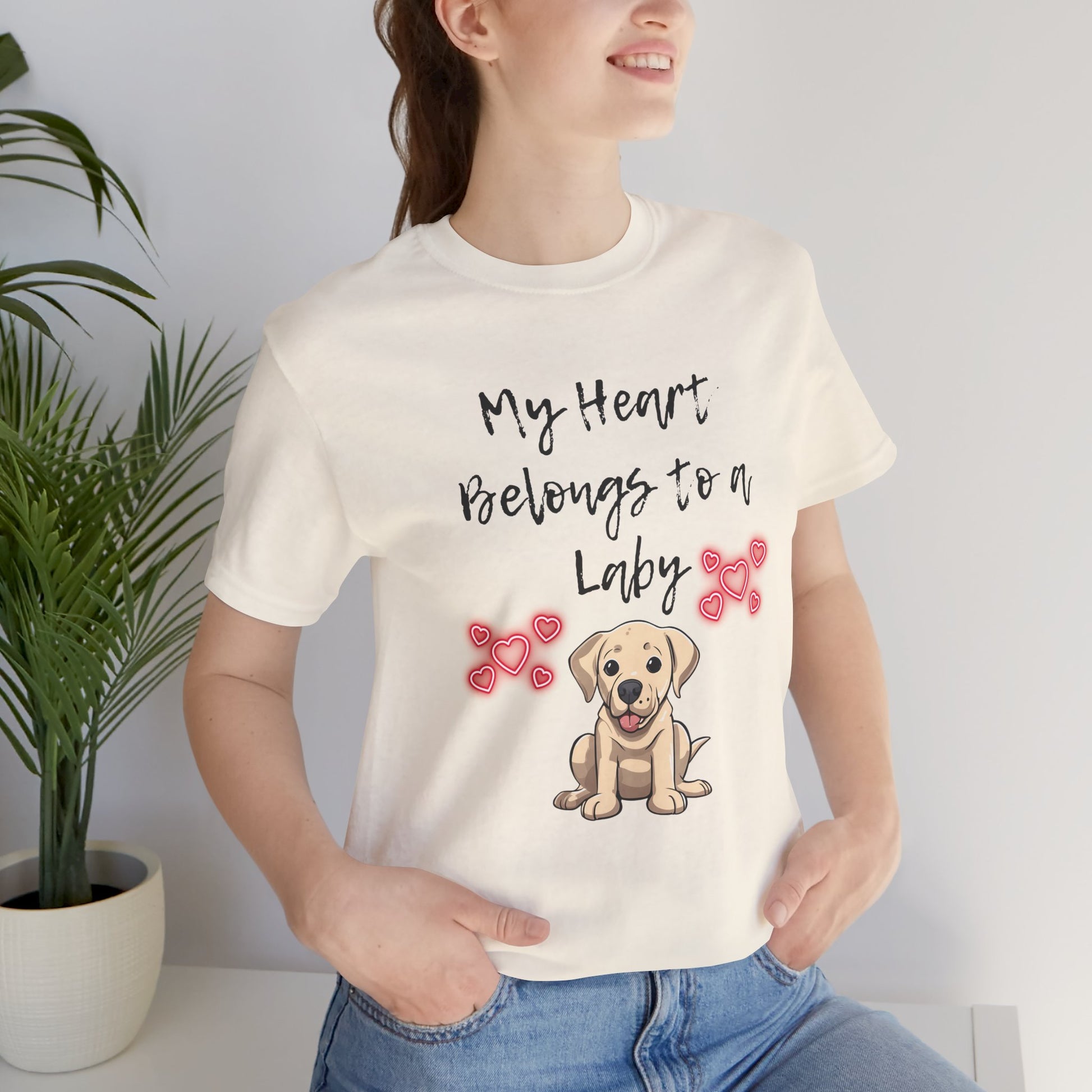 My Heart Belongs to a Laby Labrador t-shirt in Natural worn by a model, front view