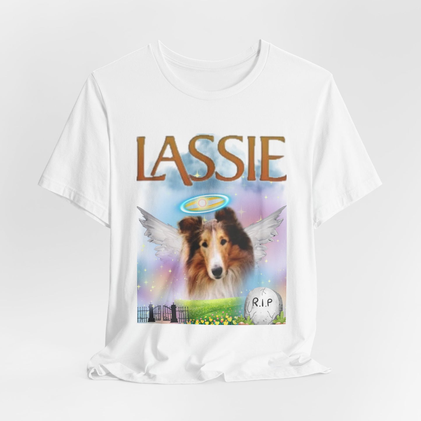 RIP Lassie T-Shirt — Dark Grey Heather — flat lay — SniffWaggleNWalk™