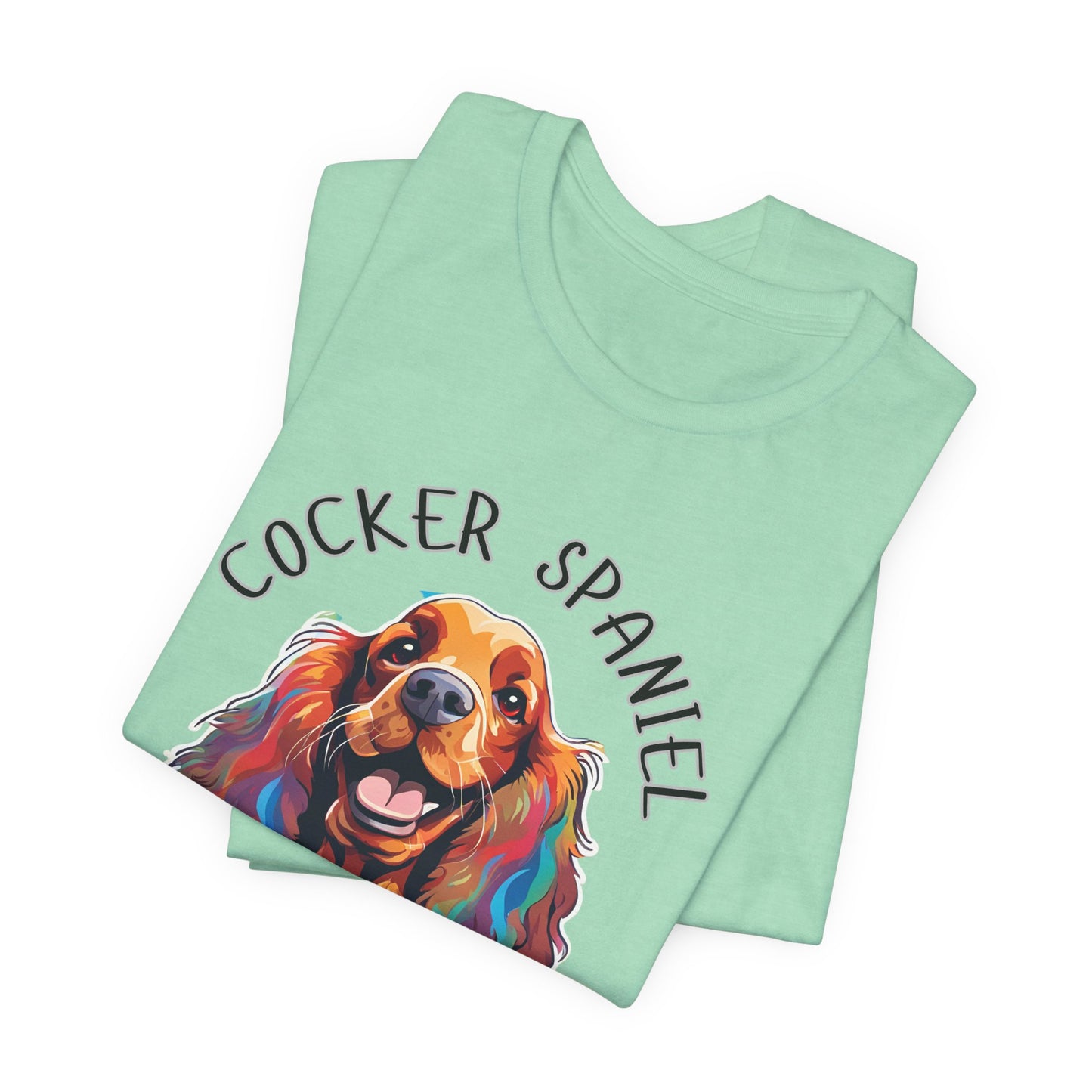 Cocker Spaniel Squad pop-art t-shirt in Heather Mint, folded view showing print