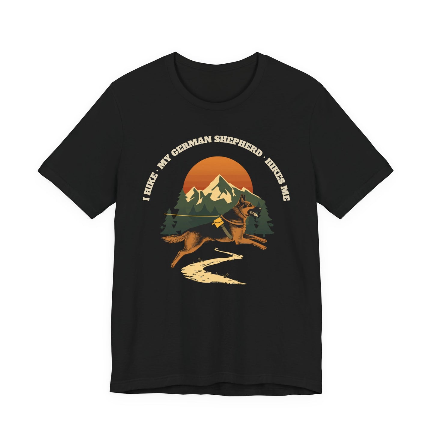 Close-up of the I Hike My German Shepherd Hikes Me print on a black tee