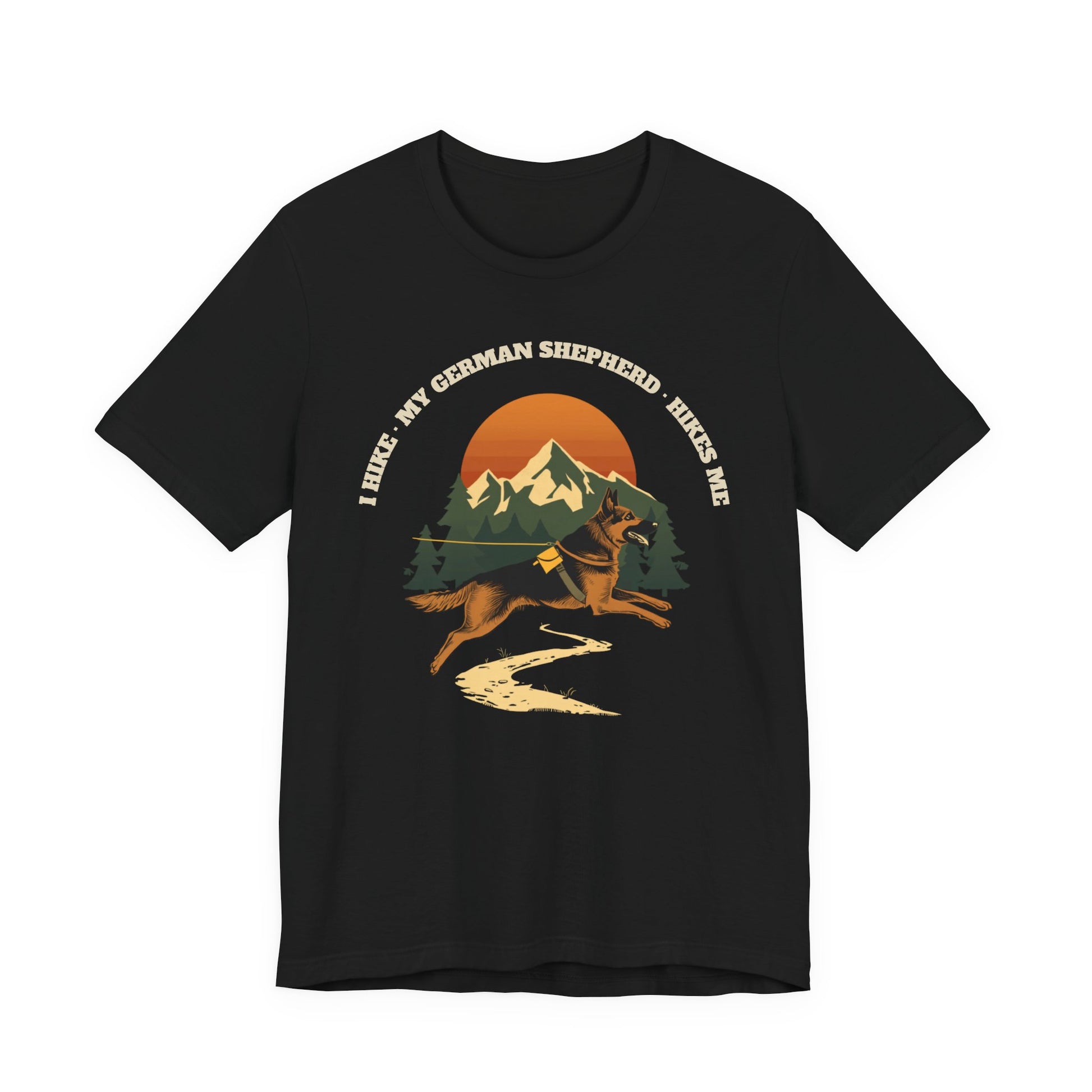 Close-up of the I Hike My German Shepherd Hikes Me print on a black tee