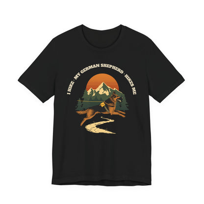 Close-up of the I Hike My German Shepherd Hikes Me print on a black tee