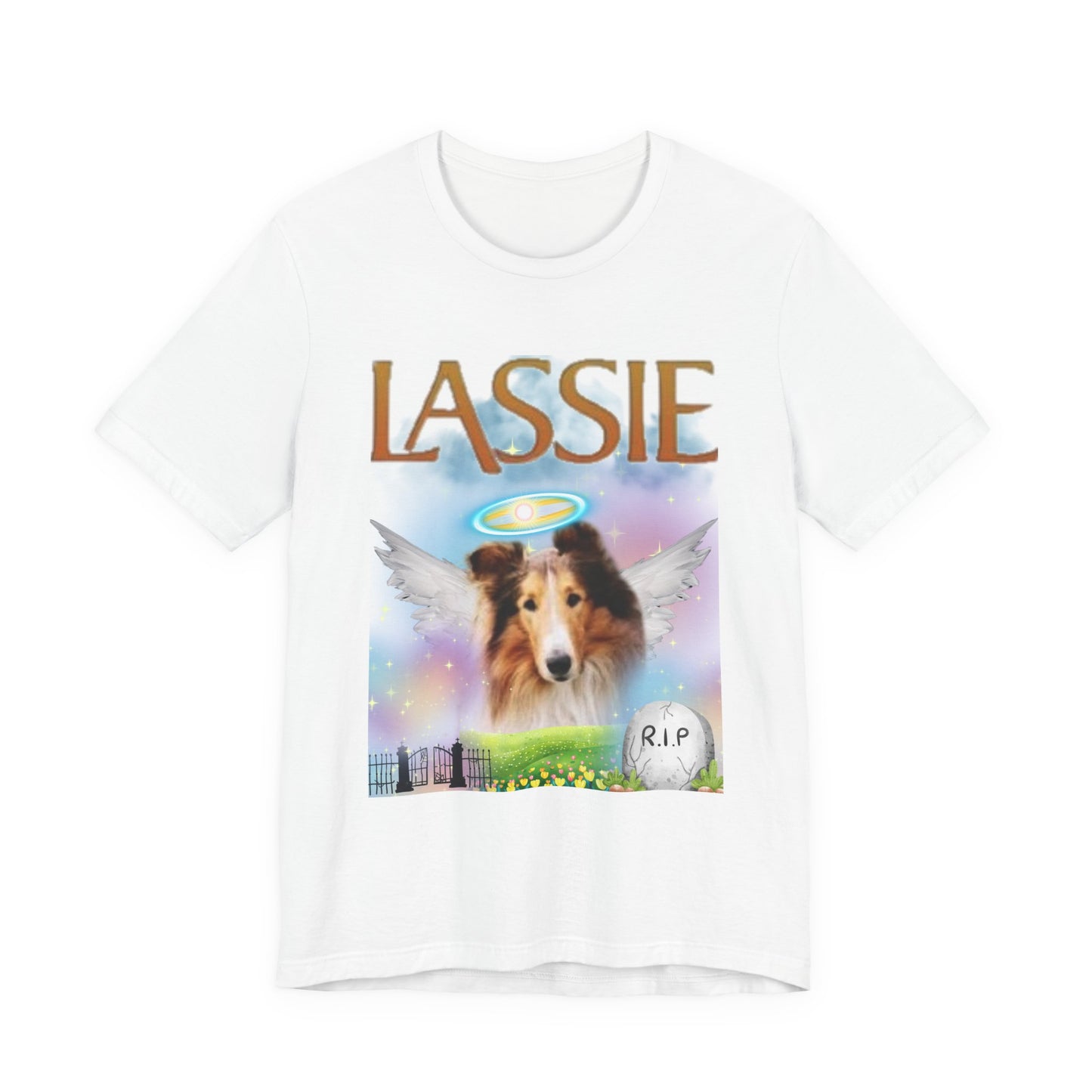 RIP Lassie T-Shirt — White — print detail — SniffWaggleNWalk™