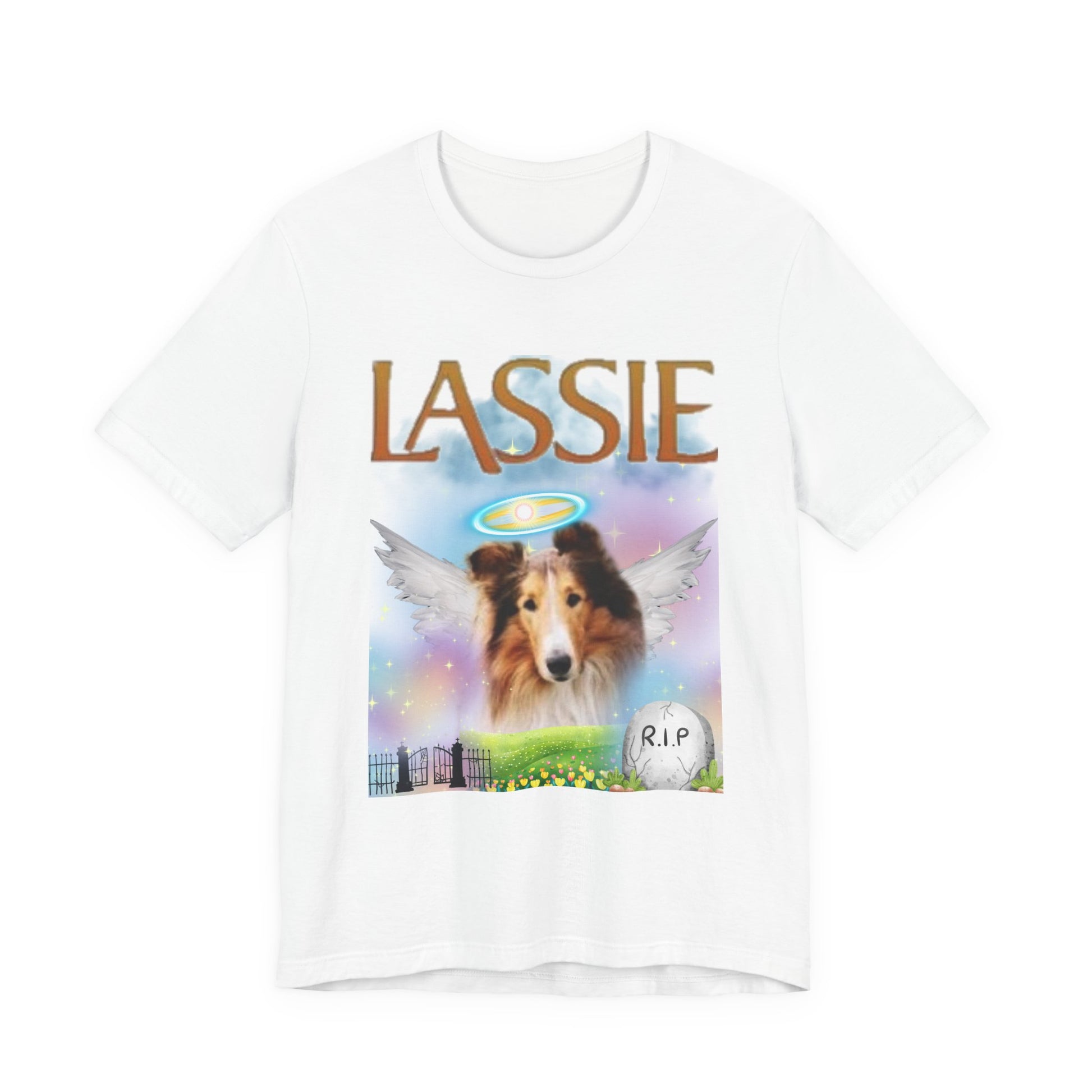 RIP Lassie T-Shirt — White — print detail — SniffWaggleNWalk™