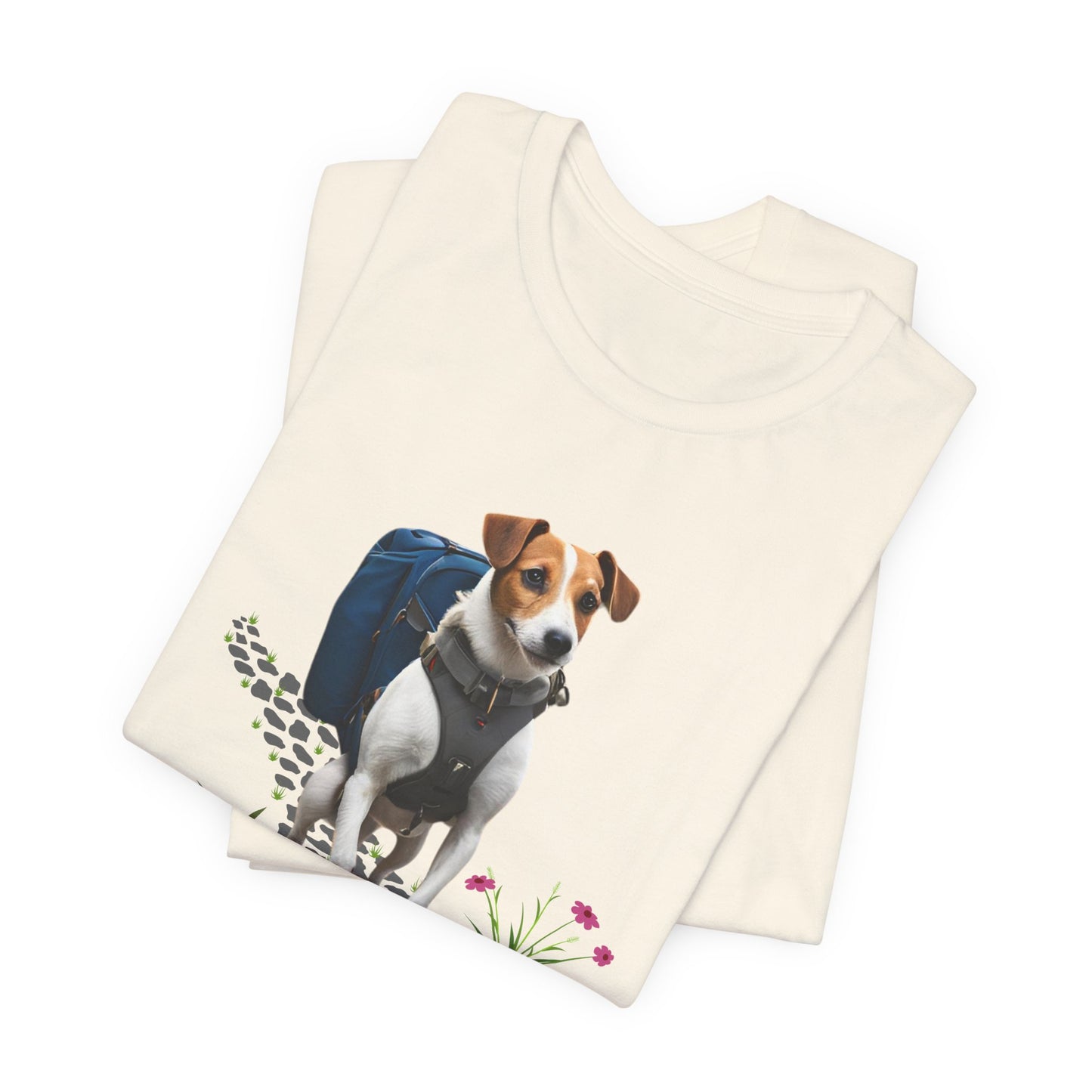 Folded Natural Jack Russell Adventure Buddy t-shirt with backpack-wearing terrier design