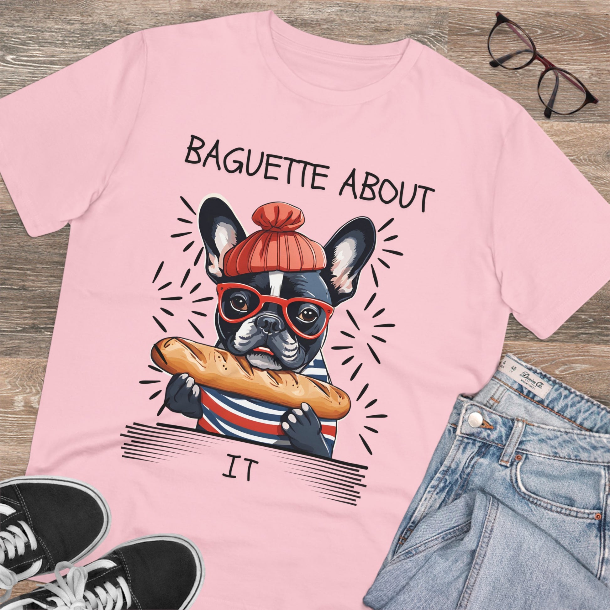 "BAGUETTE ABOUT IT" featuring a french bulldog - Organic Creator T-shirt - Unisex by SniffWaggleAndWalk™ - Sniff Waggle And Walk