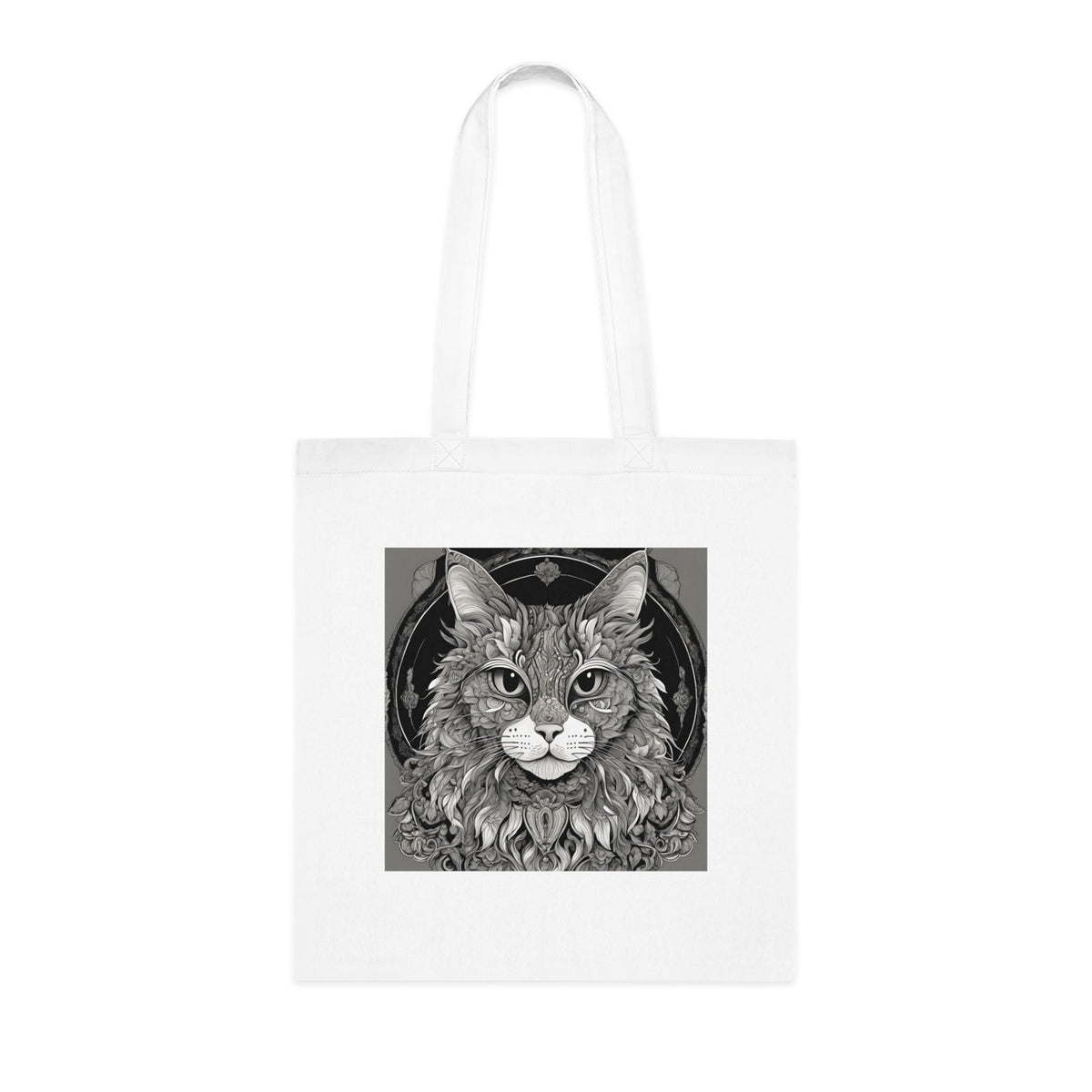 Cat tote bag showing design printed on both front and back of bag