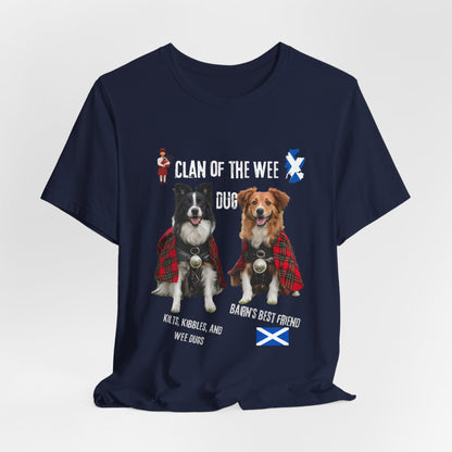 Clan of the Wee Dug dark grey heather tee worn outdoors, dog walking t-shirt Scottish gift