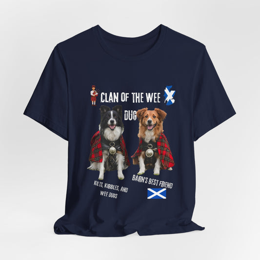 Clan of the Wee Dug dark grey heather tee worn outdoors, dog walking t-shirt Scottish gift