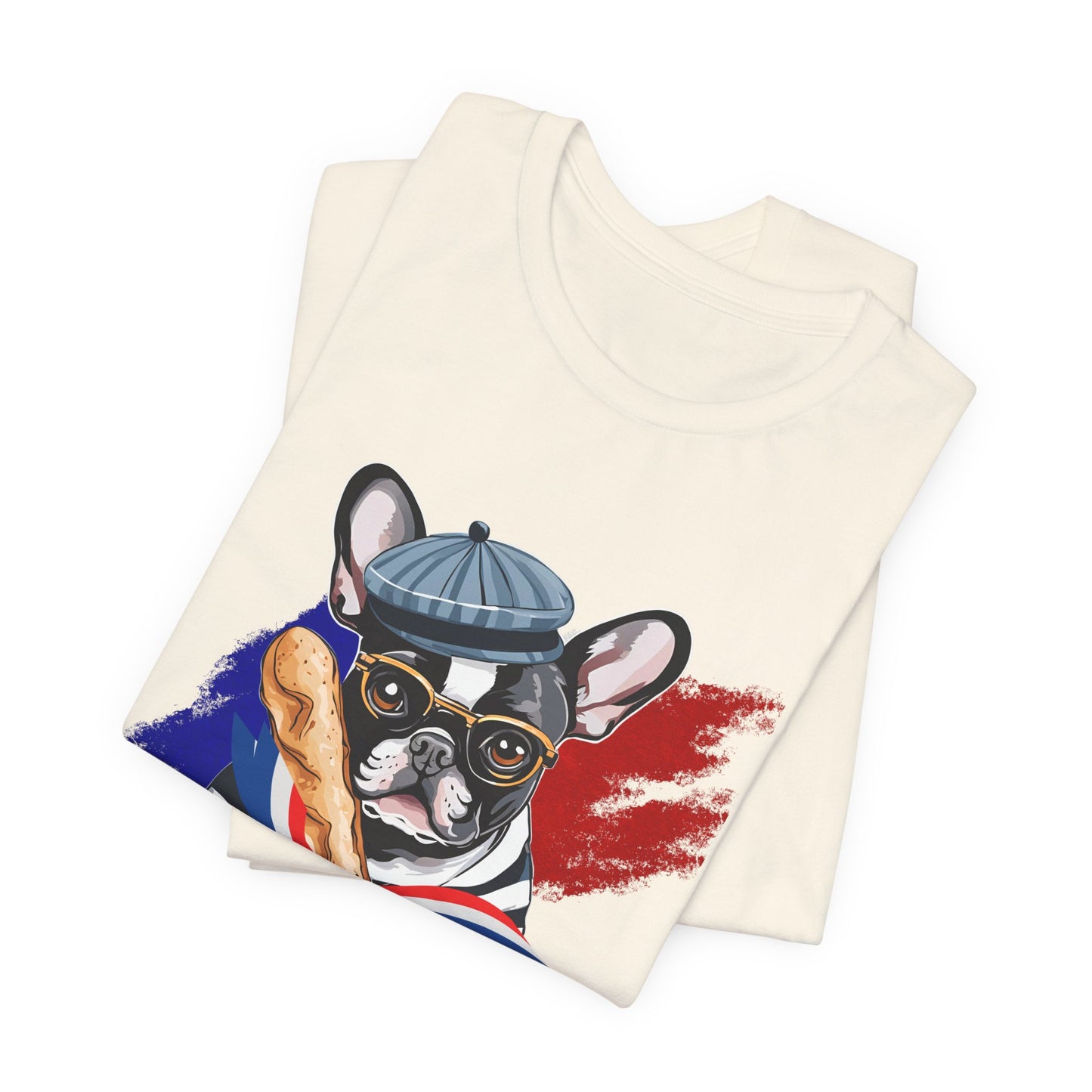 French Bulldog Baguette Navy tee — collar and size tag detail, Bella+Canvas 3001 — SniffWaggleNWalk™