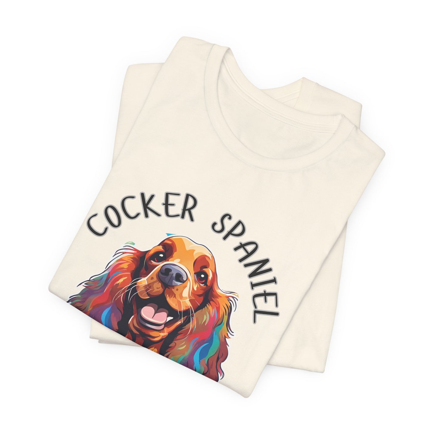 Cocker Spaniel Squad pop-art t-shirt in Natural, folded view showing print