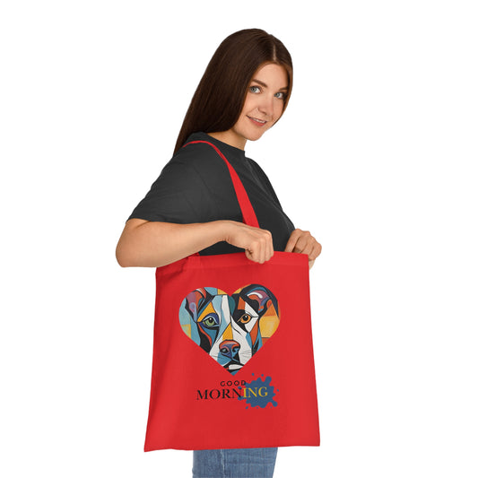 Good morning dog heart cotton tote bag size reference — 42 x 38cm with 30cm handles