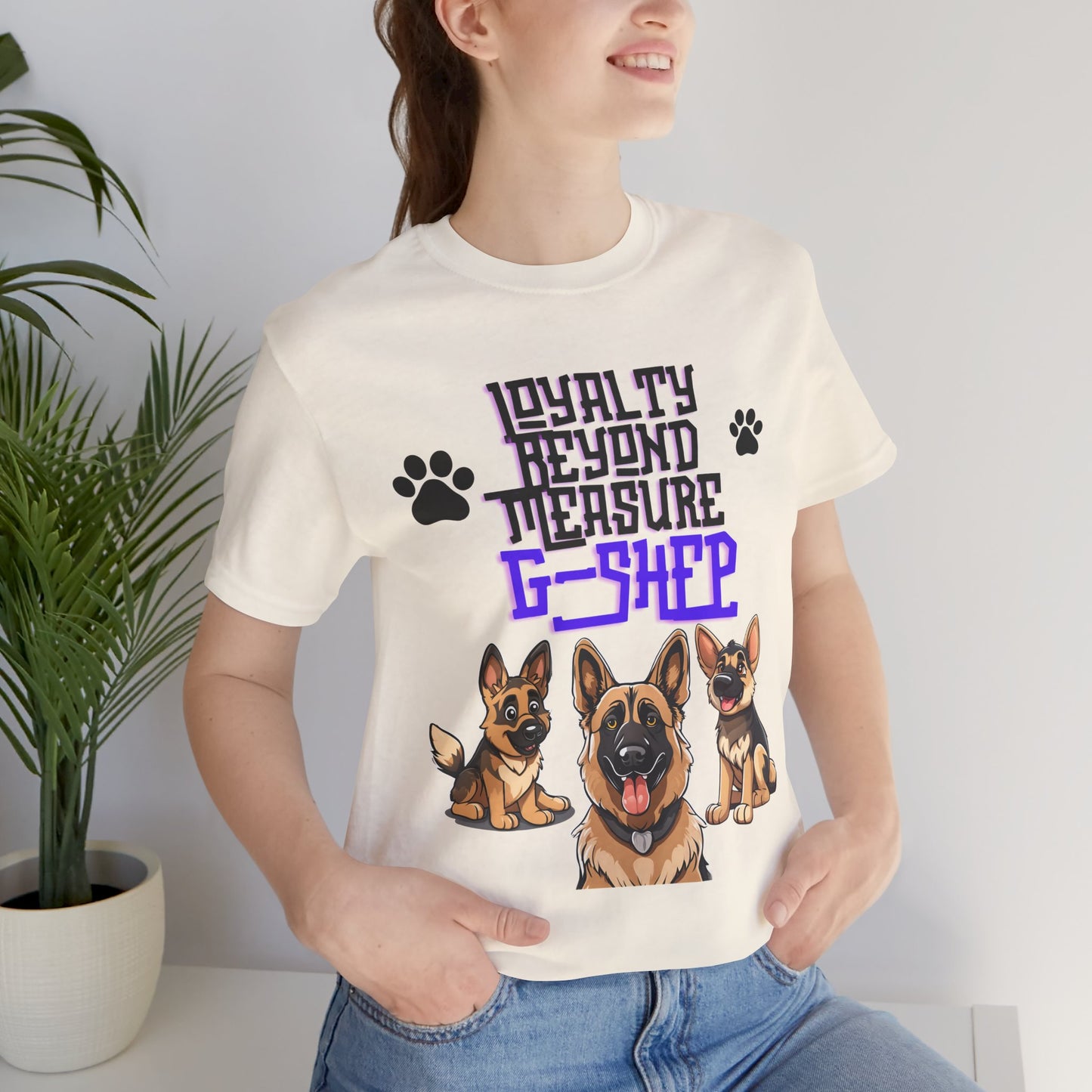 Loyalty Beyond Measure German Shepherd t-shirt in Natural worn by a model, front view