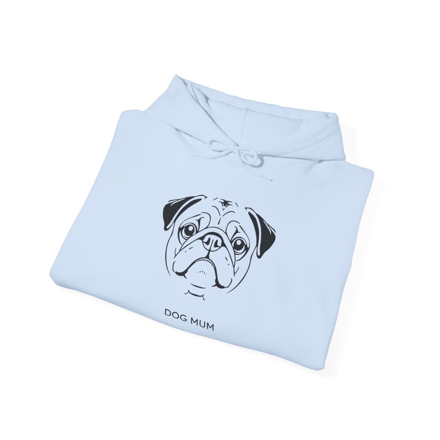 Pug Dog Mum hoodie detail on light fabric