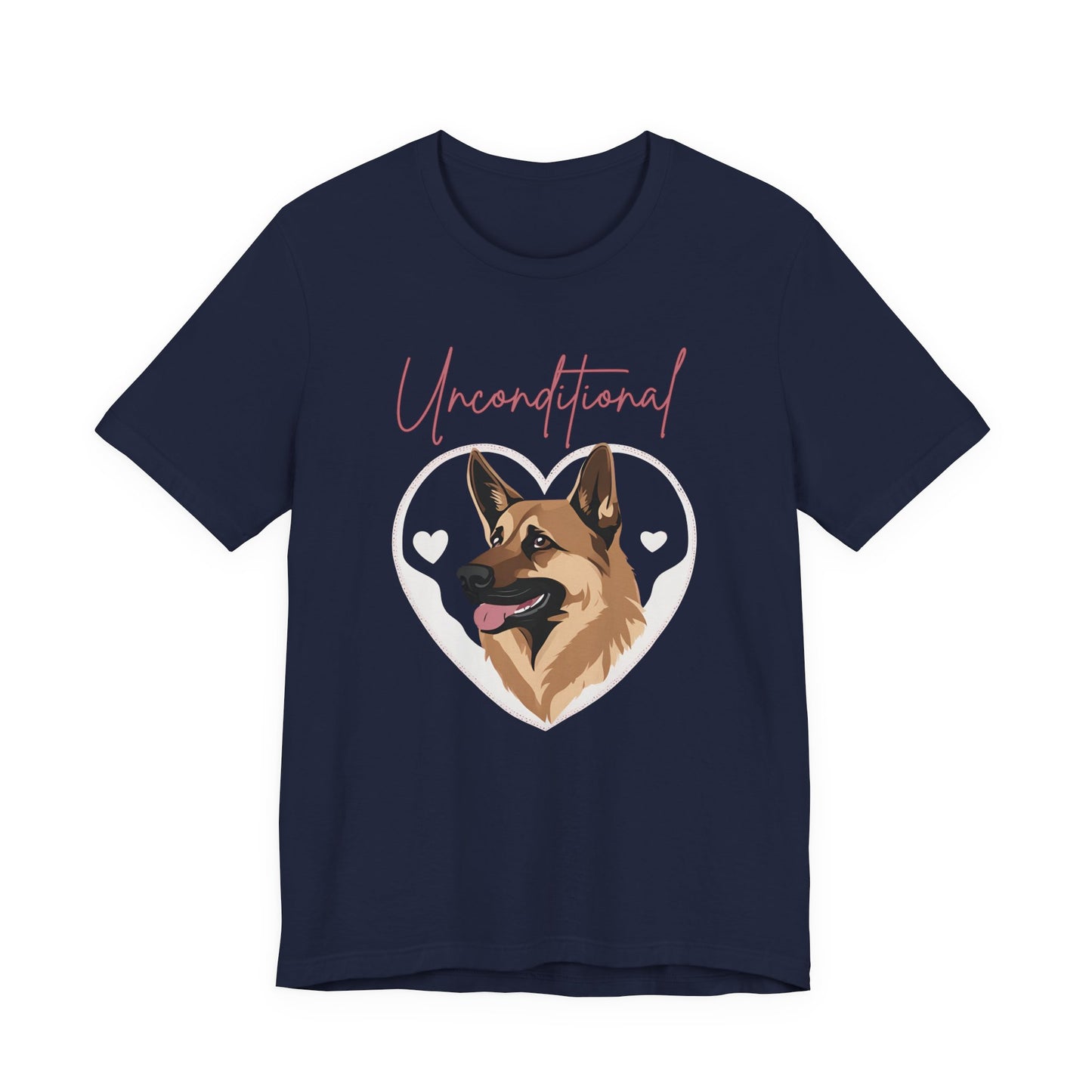 Unconditional Love German Shepherd t-shirt in Navy, flat lay front view