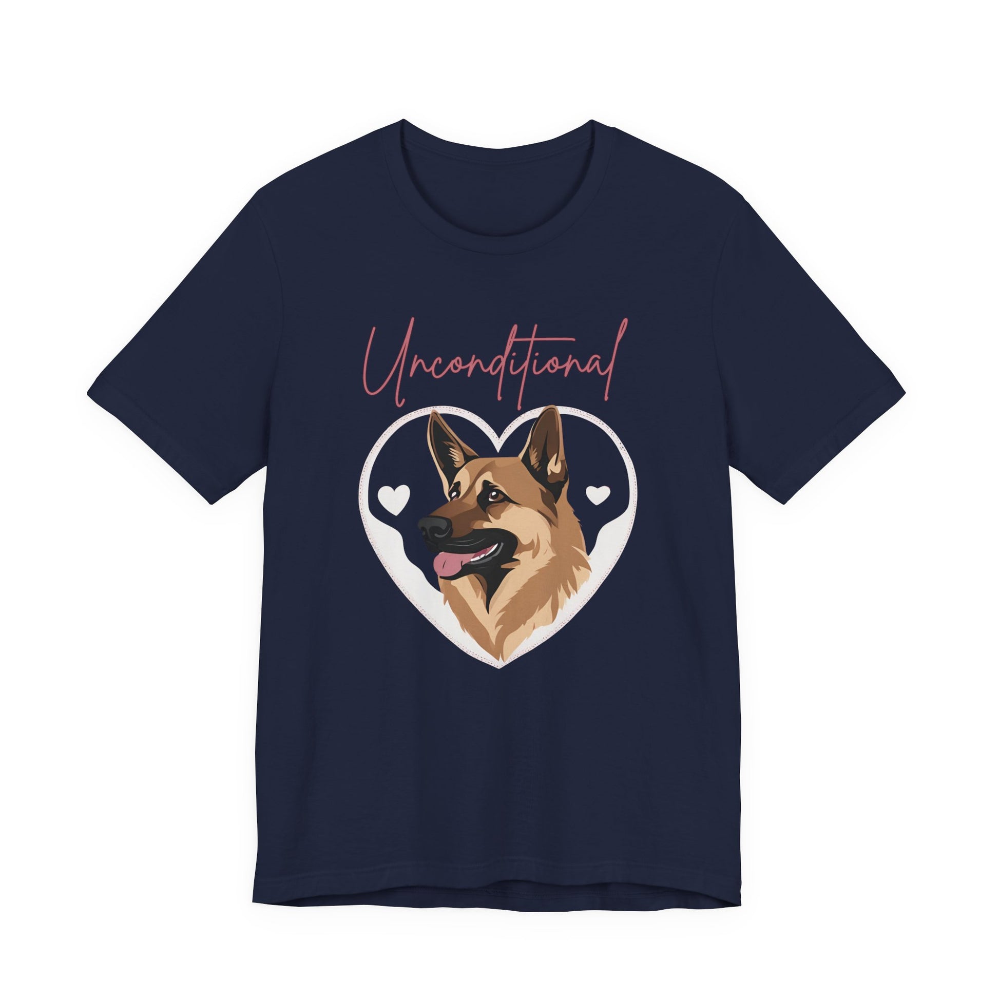 Unconditional Love German Shepherd t-shirt in Navy, flat lay front view