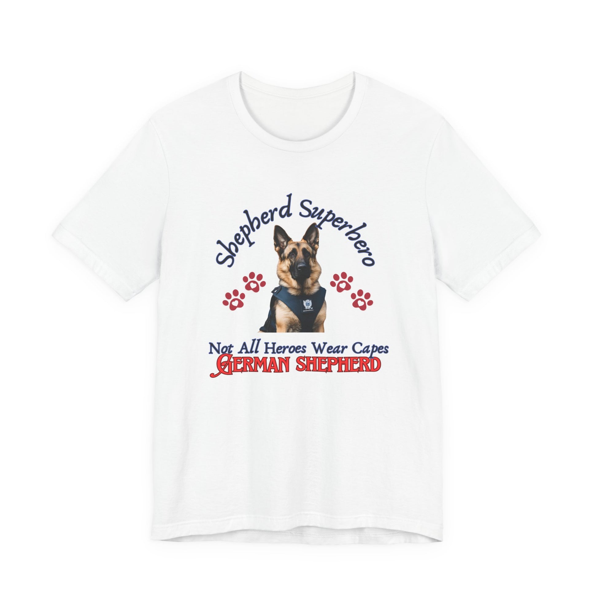 Shepherd Superhero German Shepherd t-shirt in White, flat lay front view