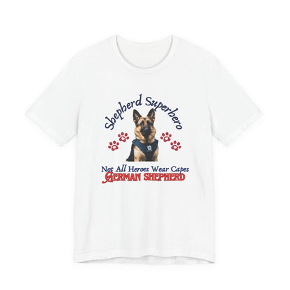 Shepherd Superhero German Shepherd t-shirt in White, flat lay front view