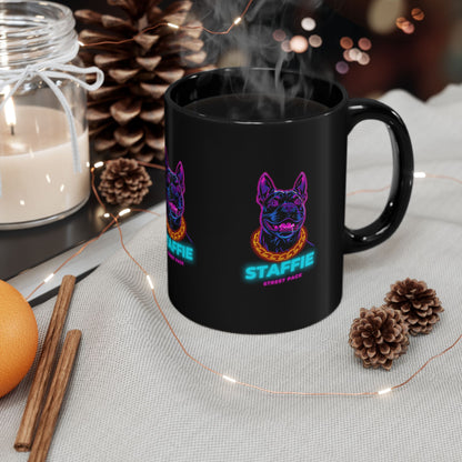 Staffie Neon Dog Black Mug — Retro Street Pack Coffee Cup (11oz/15oz)