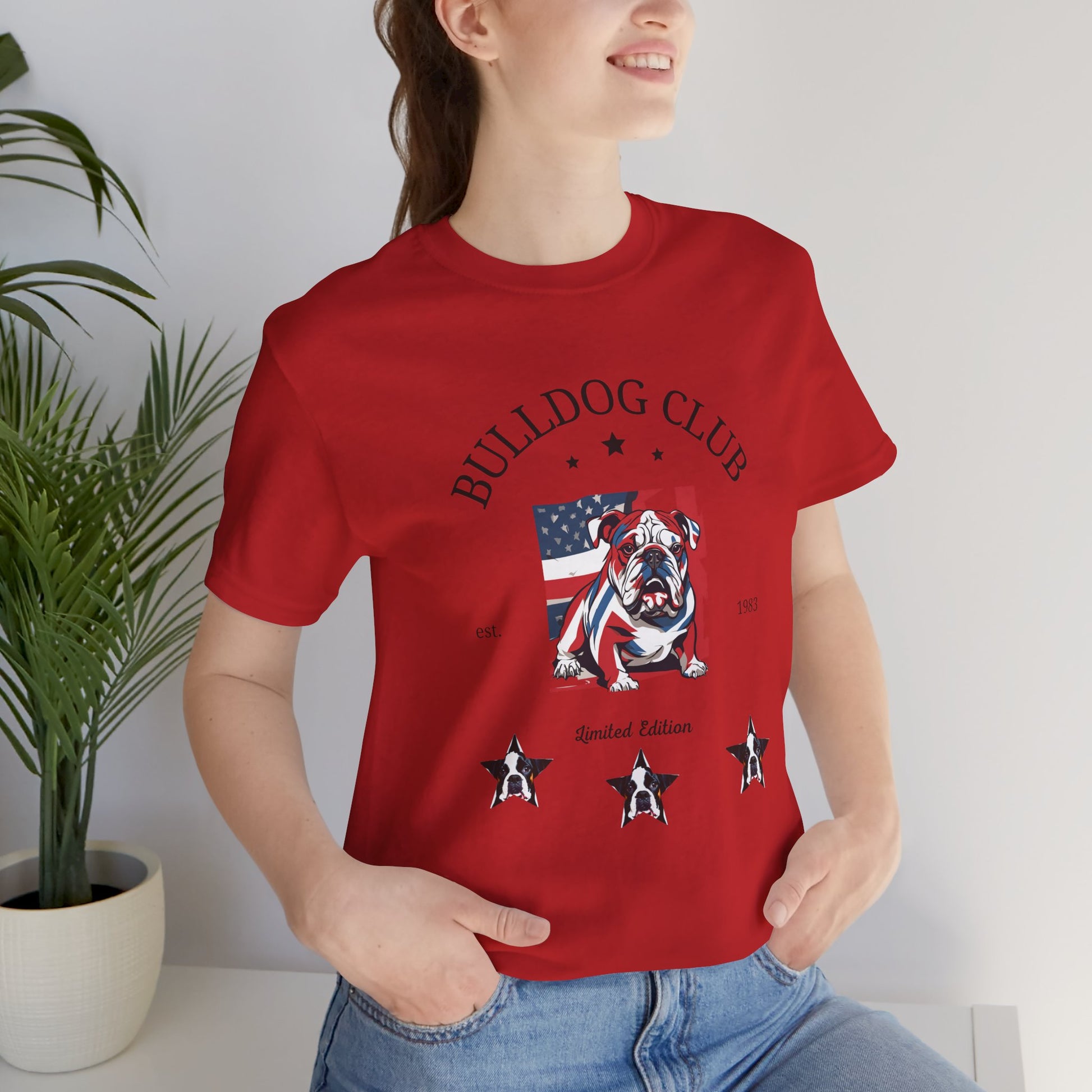 Woman wearing Red Bulldog Club t-shirt with American flag bulldog design
