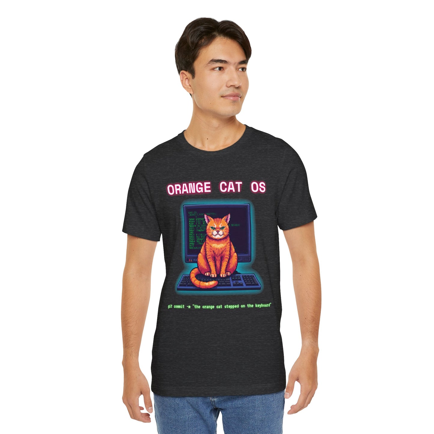 Orange Cat OS T-Shirt — Retro Computer Cat Tee ("Orange Cat OS" with keyboard caption)