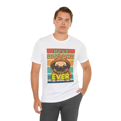 Best Dog Dad Ever T-Shirt in White — retro pug in hoodie and sunglasses on a sunset stripe block