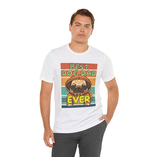 Best Dog Dad Ever T-Shirt in White — retro pug in hoodie and sunglasses on a sunset stripe block